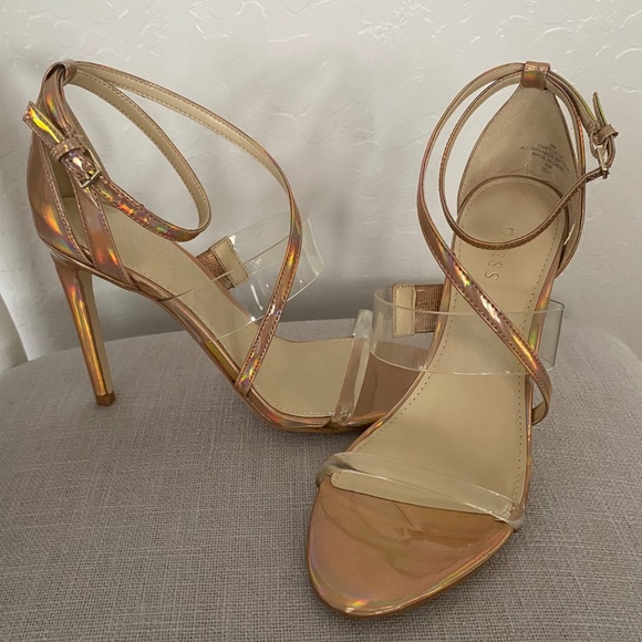 Guess Felecia Iridescent Rose Gold Strappy Sandal Stiletto Size 8 - Picture 1 of 11